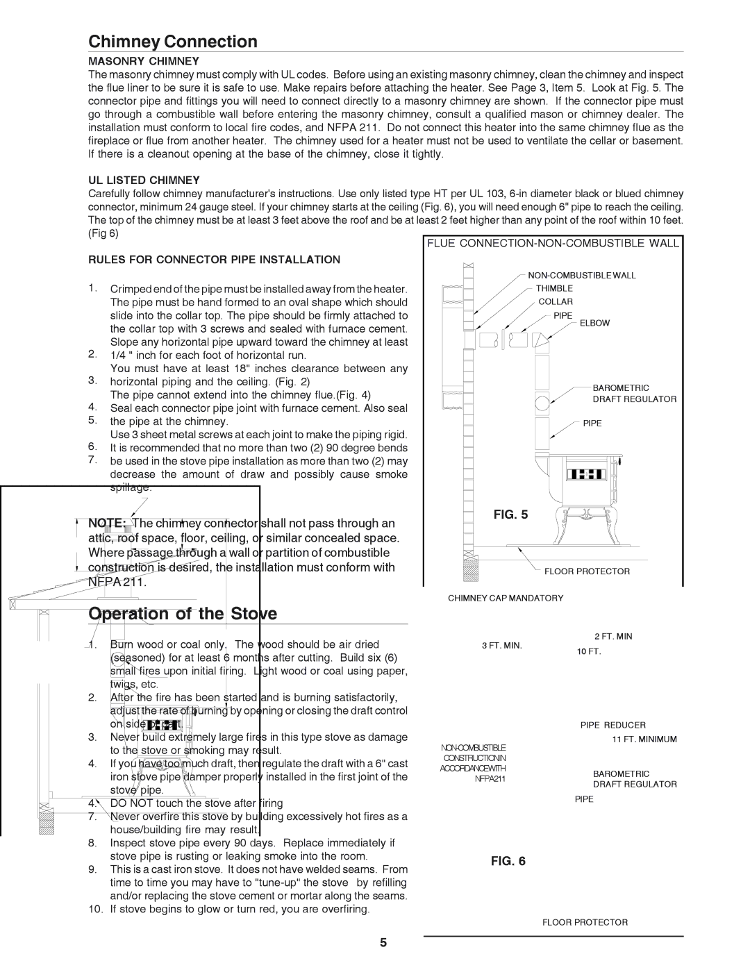 United States Stove 1864 owner manual Masonry Chimney, UL Listed Chimney, Rules for Connector Pipe Installation 