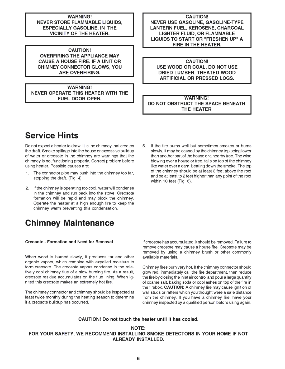 United States Stove 1864 owner manual Service Hints, Chimney Maintenance 