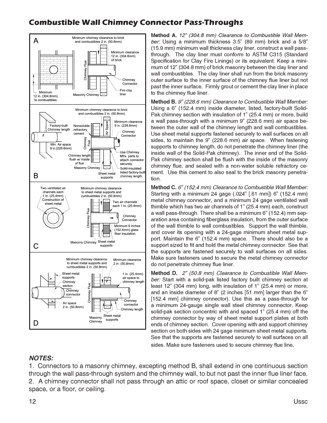 United States Stove 2000, 2500 instruction manual Combustible Wall Chimney Connector Pass-Throughs 