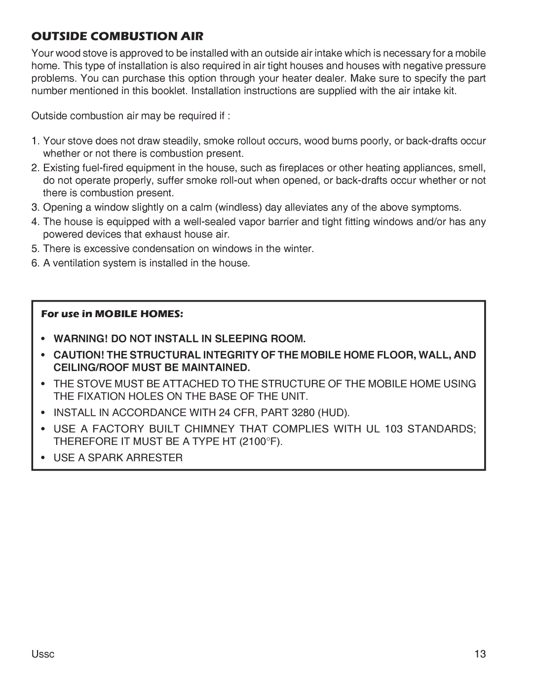 United States Stove 2500, 2000 instruction manual Outside Combustion AIR, For use in Mobile Homes 