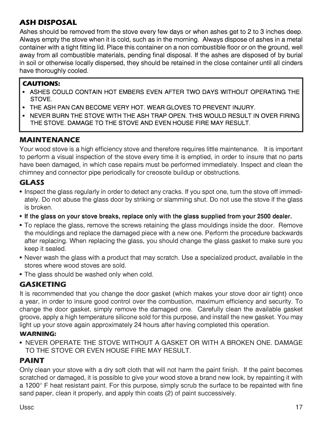 United States Stove 2500, 2000 instruction manual ASH Disposal, Maintenance, Glass, Gasketing, Paint 