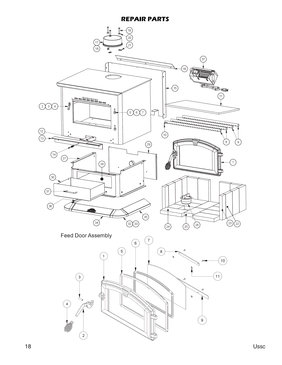 United States Stove 2000, 2500 instruction manual Repair Parts 