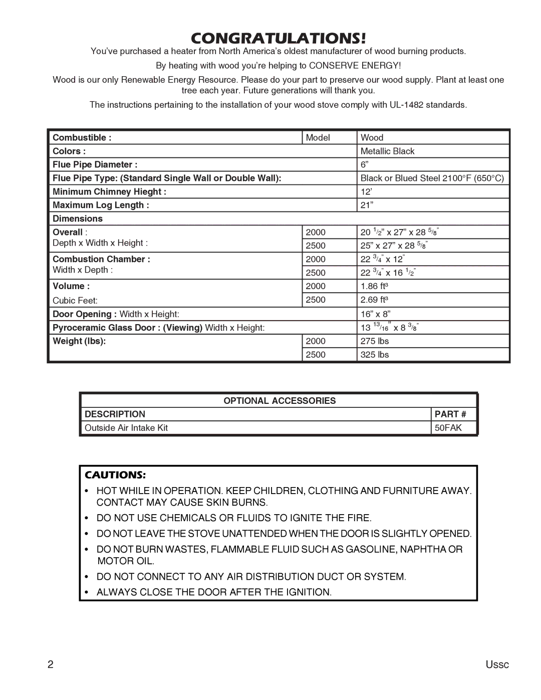 United States Stove 2000, 2500 instruction manual Congratulations 