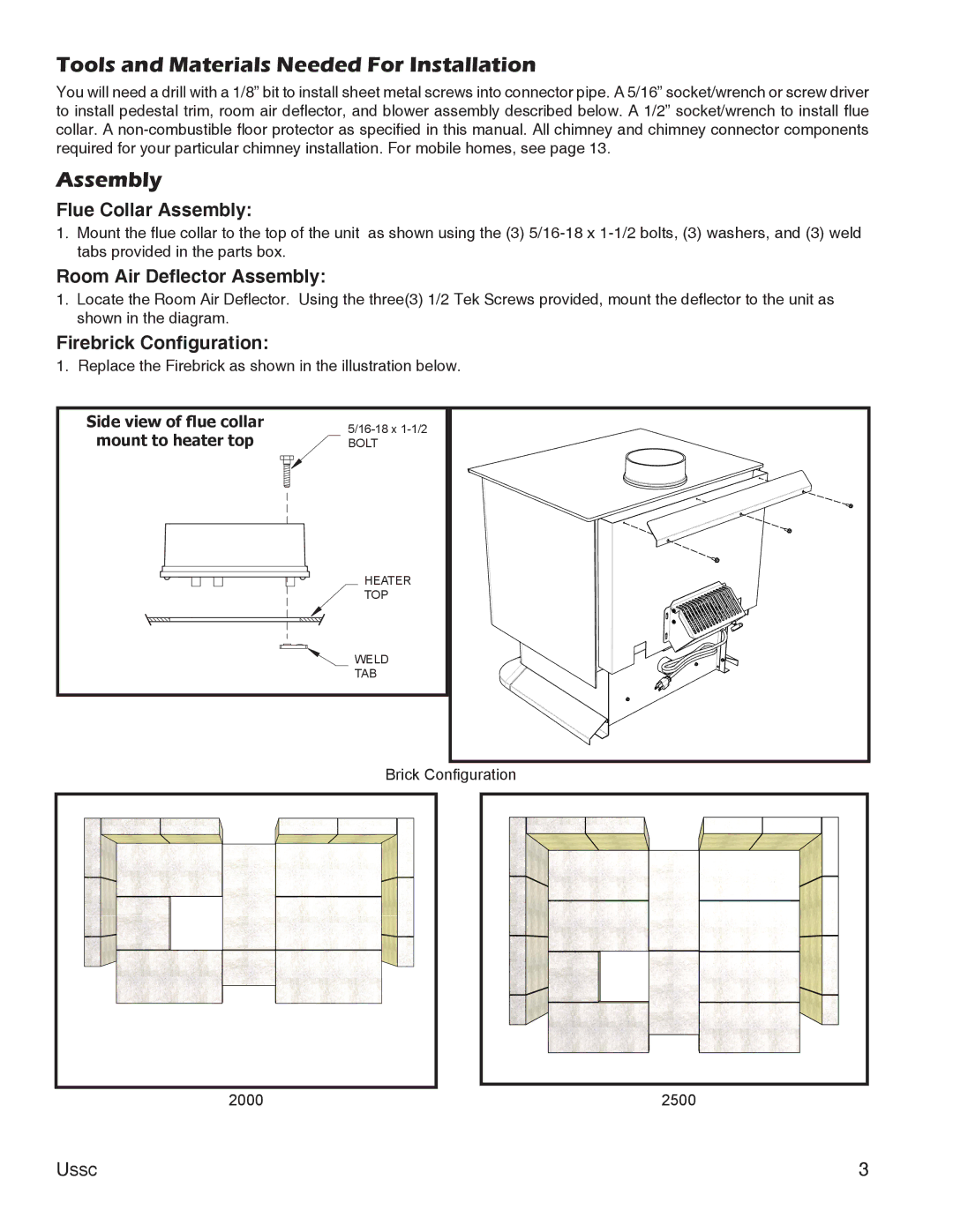 United States Stove 2500, 2000 instruction manual Tools and Materials Needed For Installation 