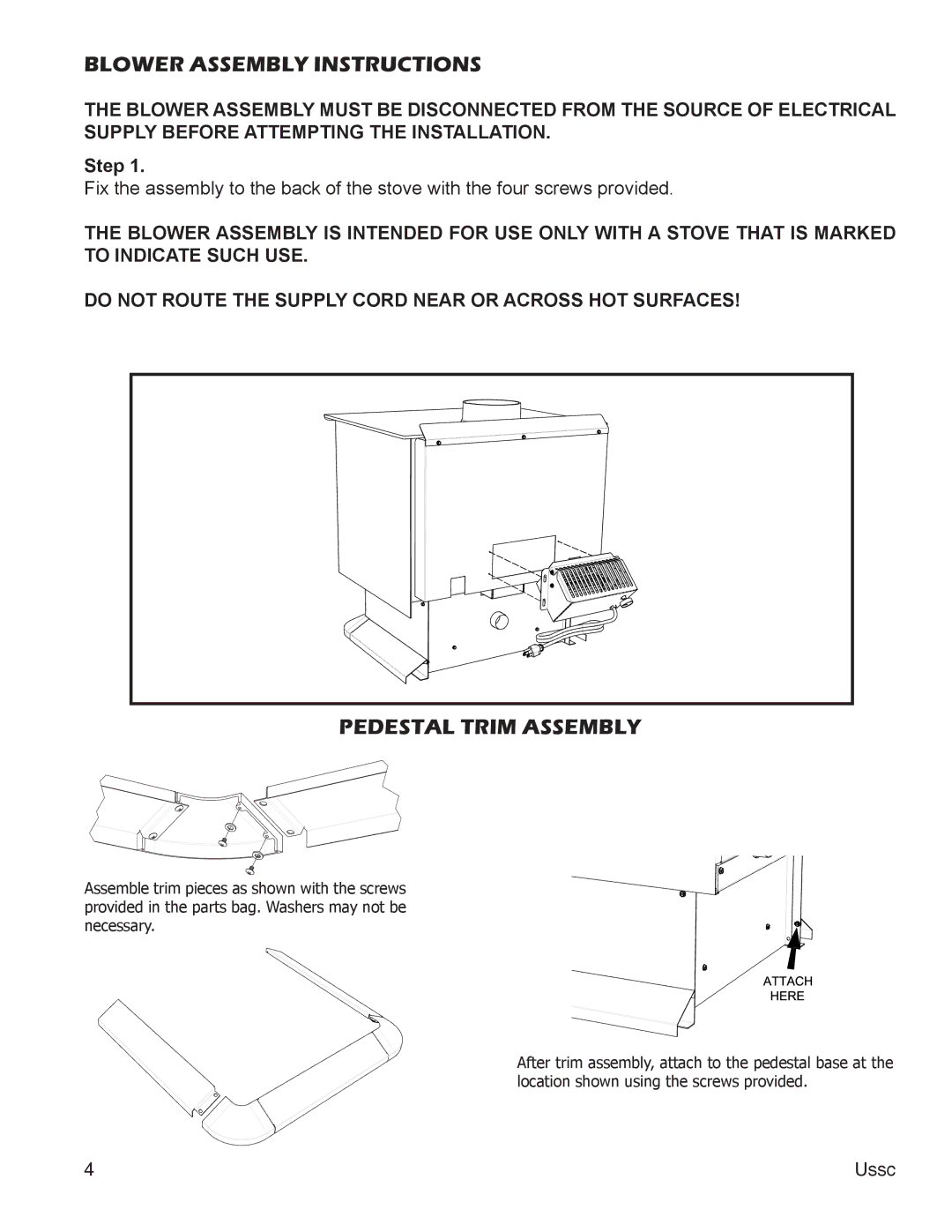 United States Stove 2000, 2500 instruction manual Blower Assembly Instructions, Pedestal Trim Assembly 