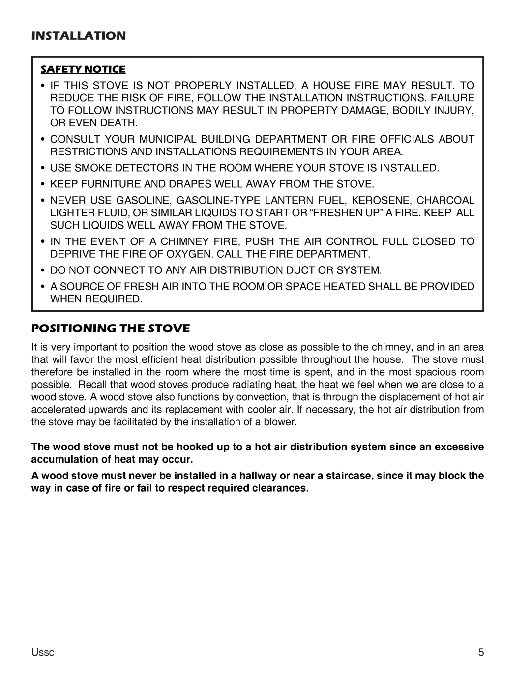 United States Stove 2500, 2000 instruction manual Installation, Positioning the Stove, Safety Notice 