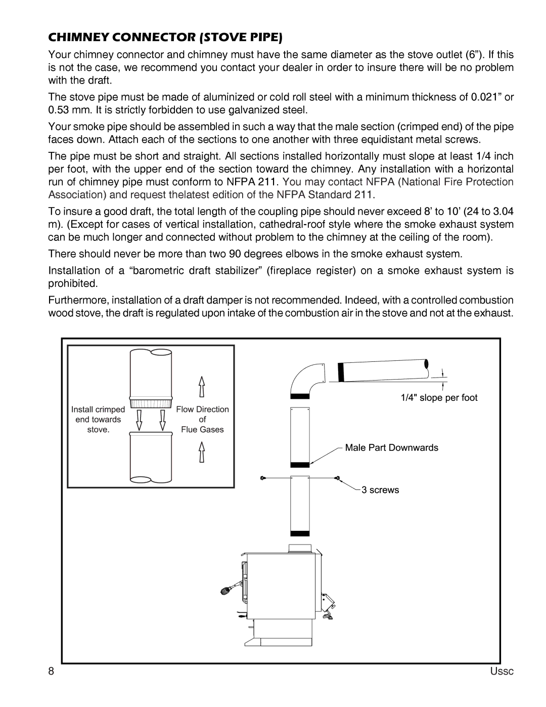 United States Stove 2000, 2500 instruction manual Chimney Connector Stove Pipe 