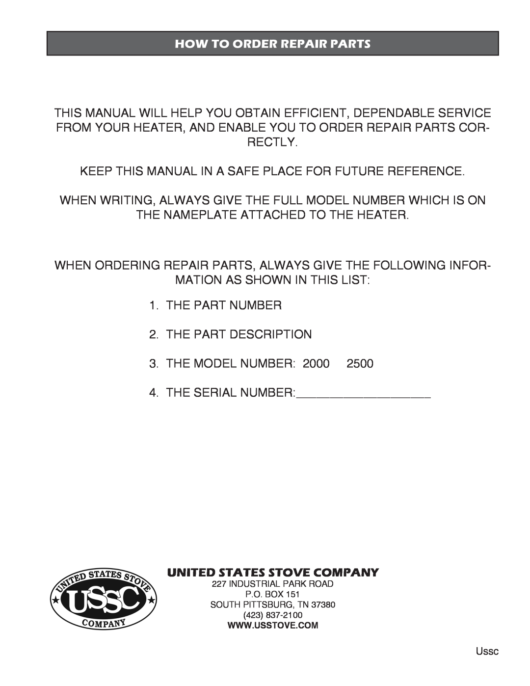United States Stove 2000, 2500 instruction manual United States Stove Company, How To Order Repair Parts 