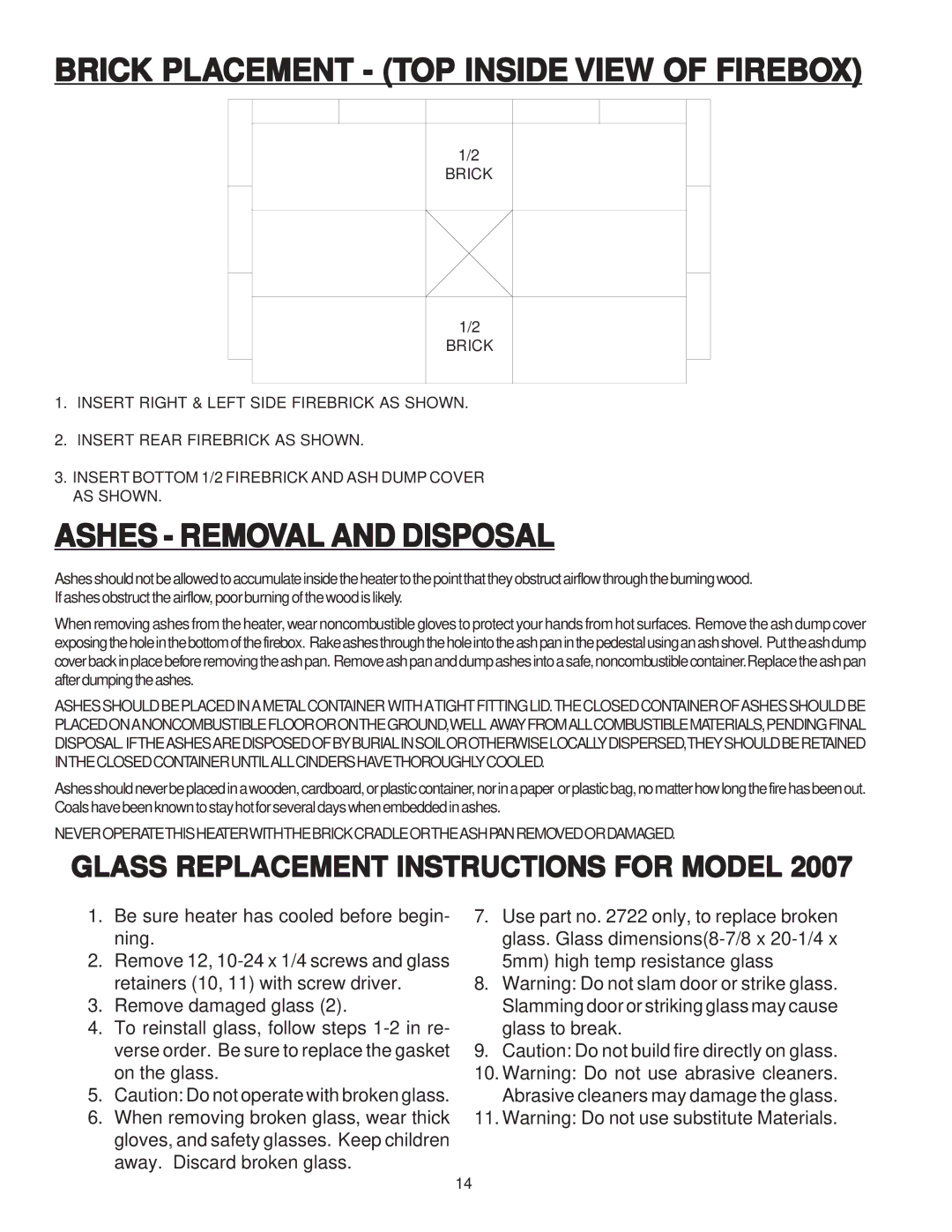 United States Stove 2007 owner manual Brick Placement TOP Inside View of Firebox, Glass Replacement Instructions for Model 