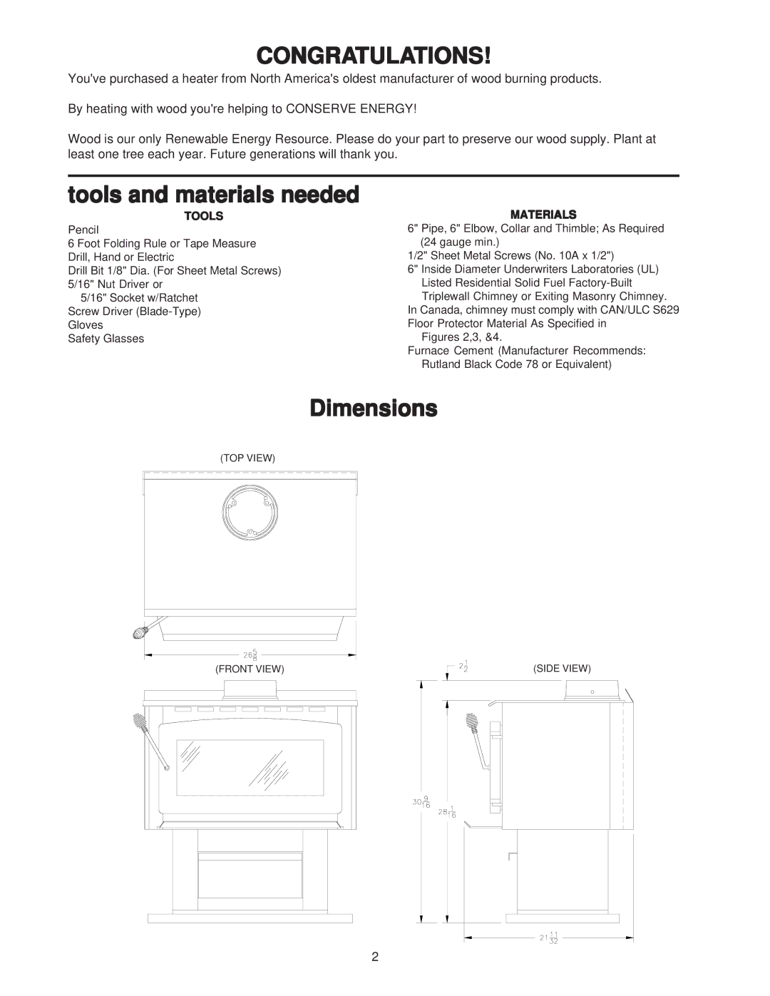 United States Stove 2007 owner manual Congratulations, Tools and materials needed 