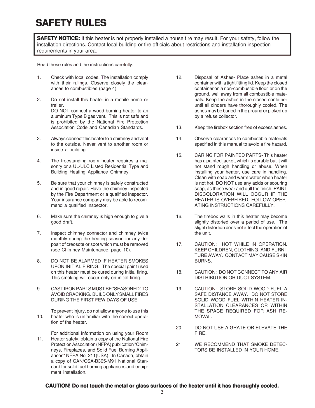 United States Stove 2007 owner manual Safety Rules, Keep the firebox section free of excess ashes 