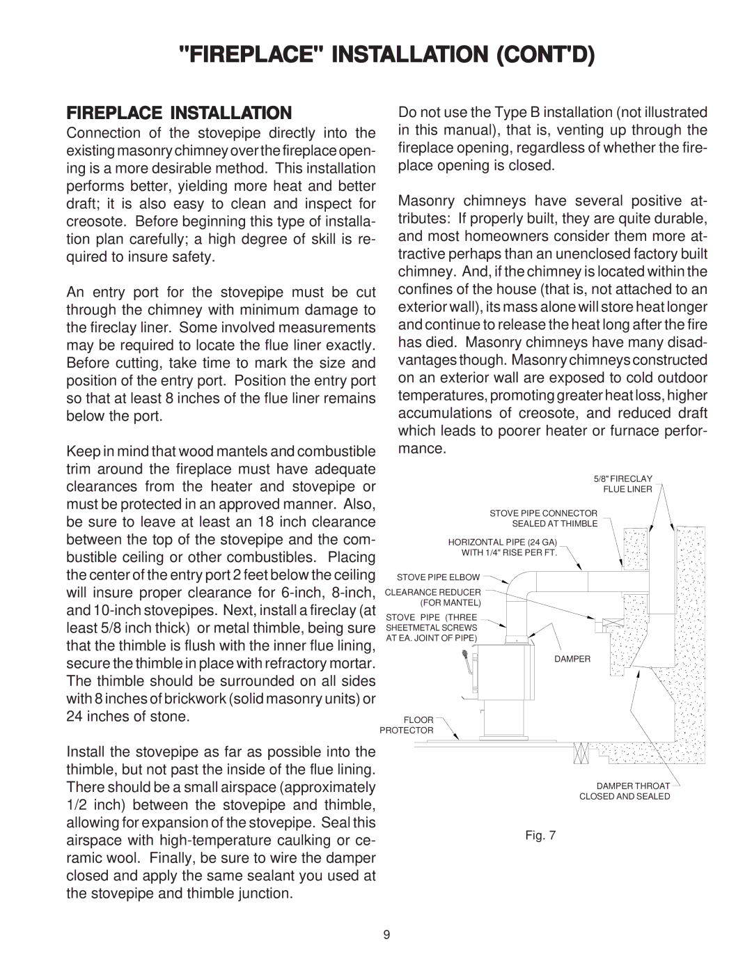 United States Stove 2007 owner manual Fireplace Installation Contd 