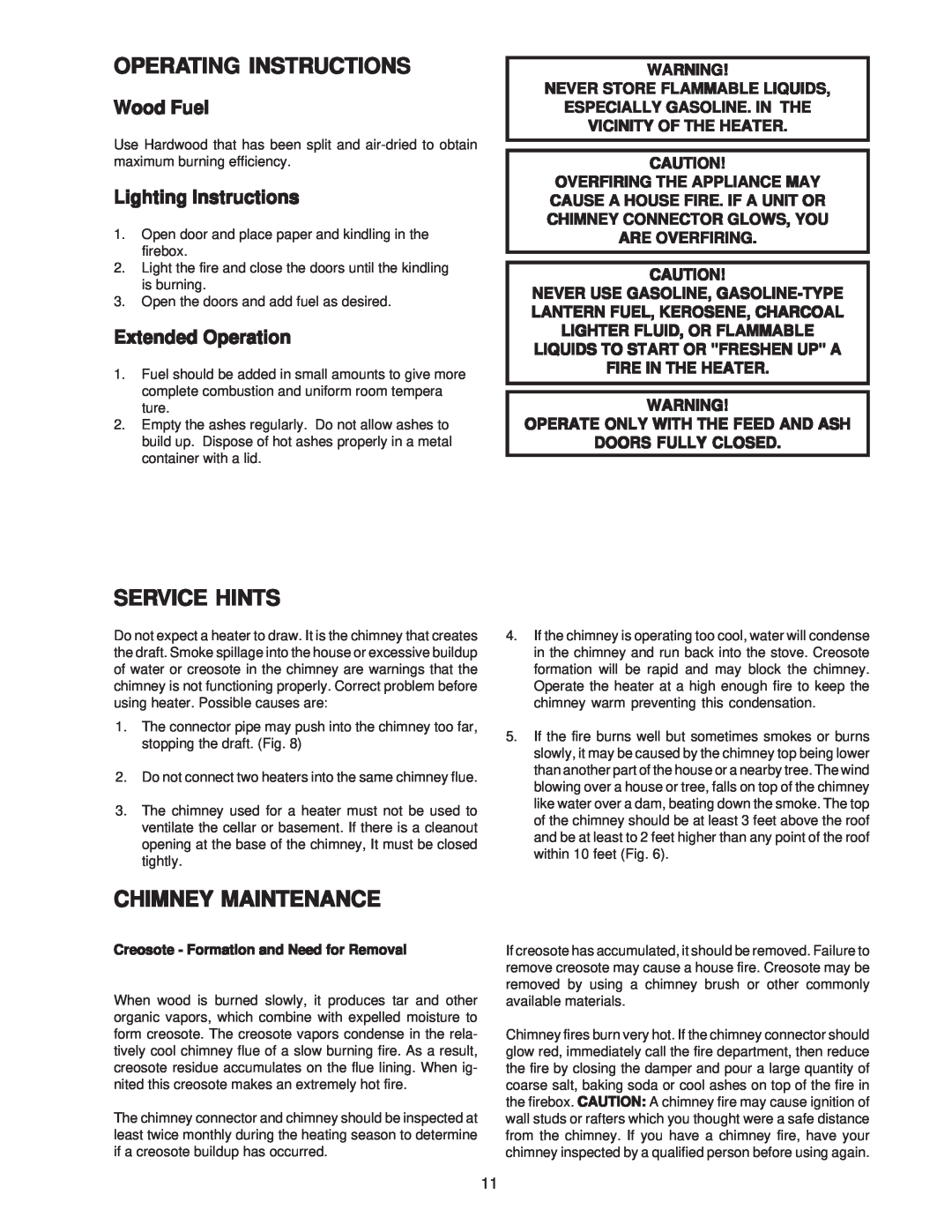 United States Stove 2007 Operating Instructions, Service Hints, Chimney Maintenance, Never Store Flammable Liquids 
