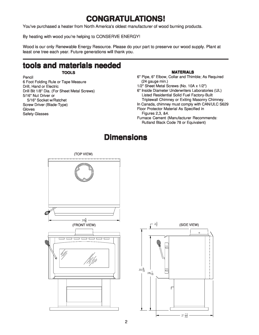 United States Stove 2007 owner manual Congratulations, tools and materials needed, Dimensions 