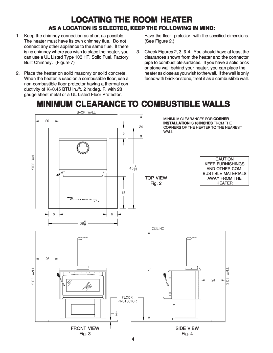 United States Stove 2007 owner manual Locating The Room Heater, Minimum Clearance To Combustible Walls 