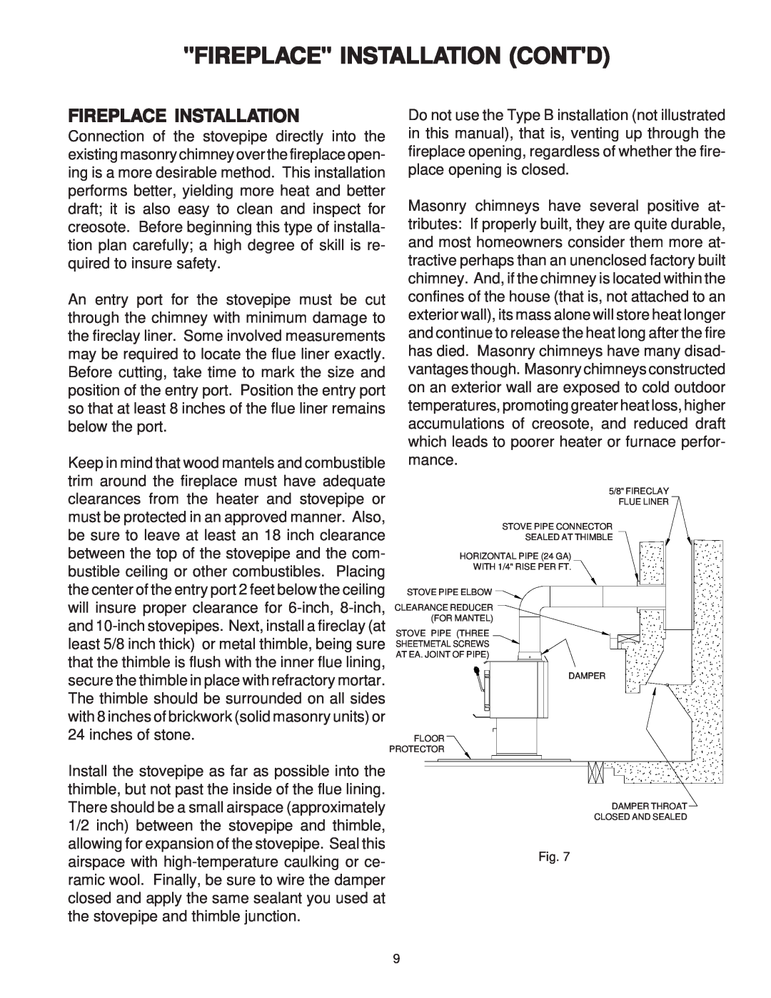 United States Stove 2007 owner manual Fireplace Installation Contd 