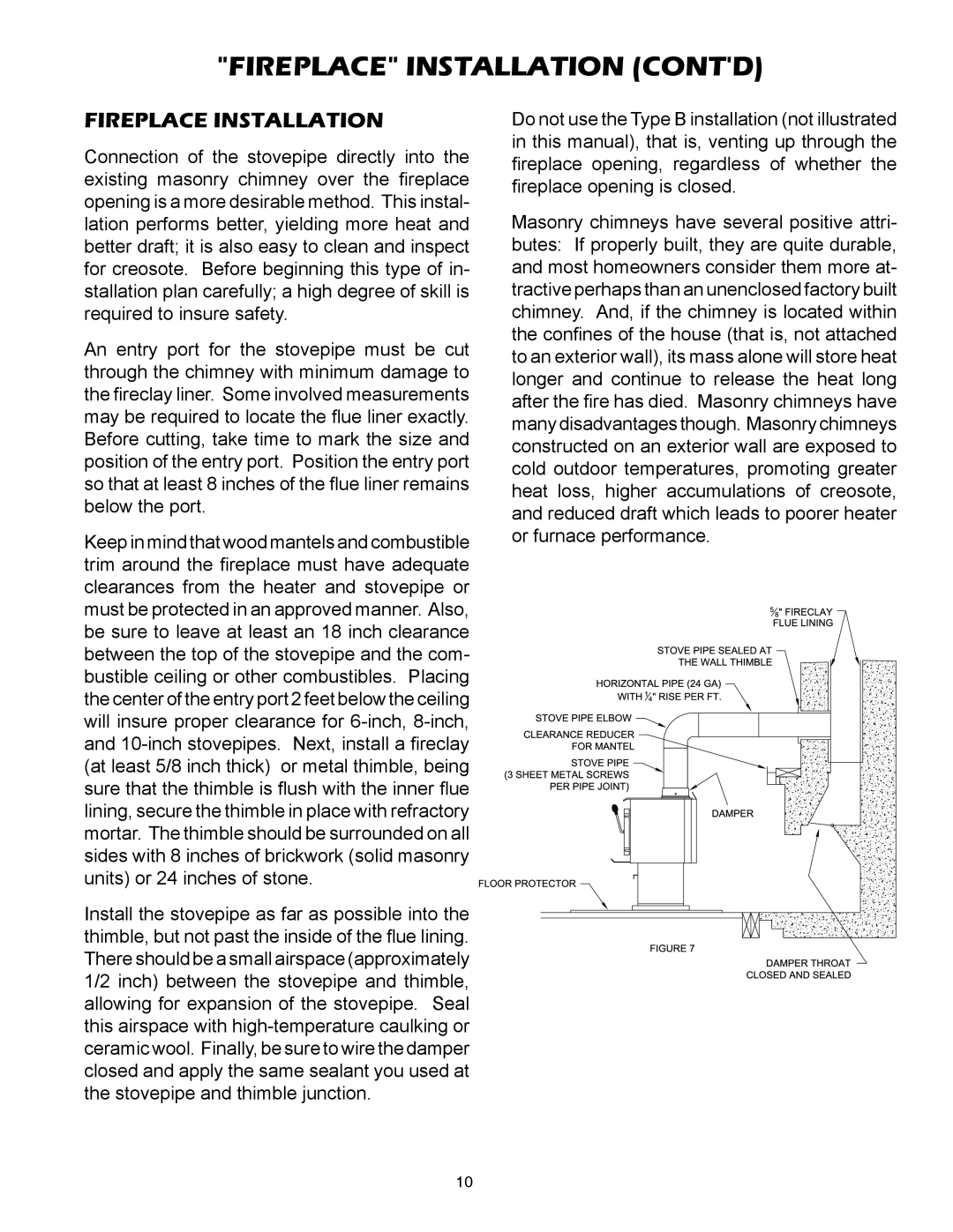 United States Stove 2007B owner manual Fireplace Installation Contd 