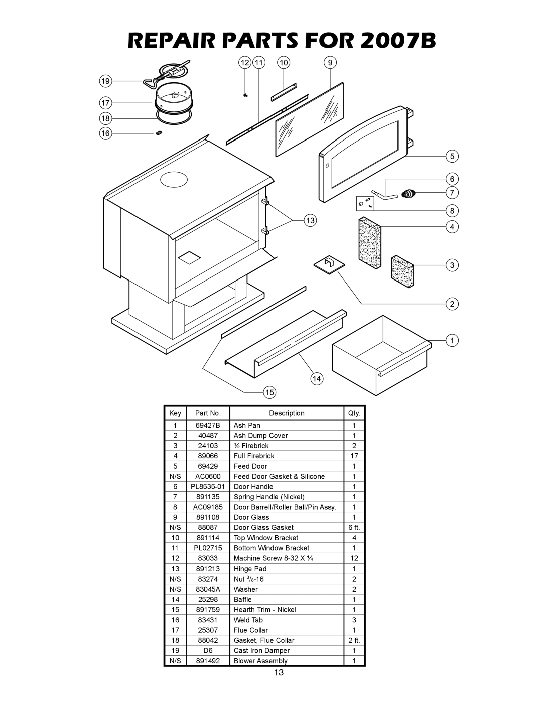 United States Stove owner manual Repair Parts for 2007B 