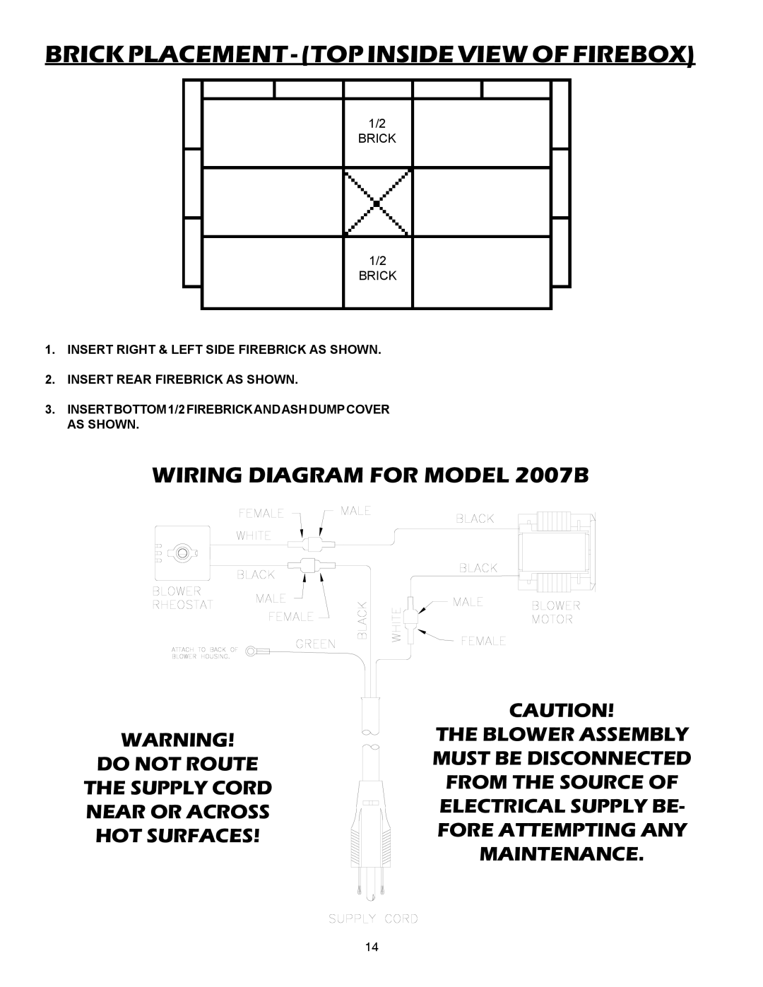 United States Stove owner manual Brick Placement TOP Inside View of Firebox, Wiring Diagram for model 2007B 