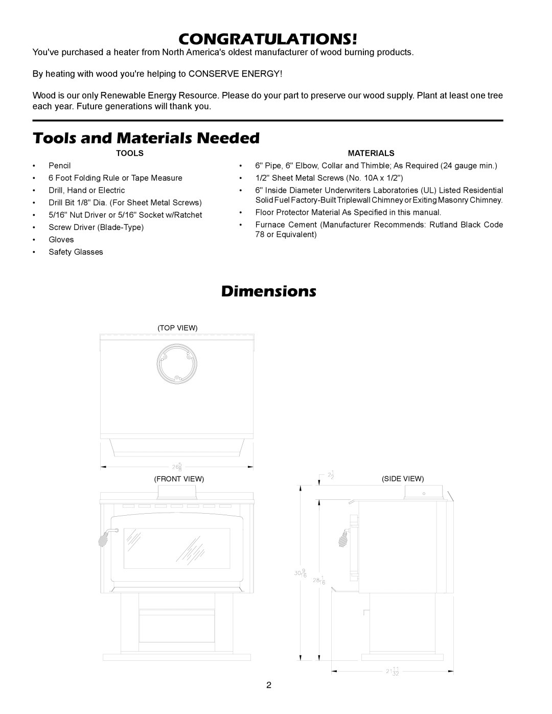 United States Stove 2007B owner manual Congratulations, Tools and Materials Needed, Dimensions 