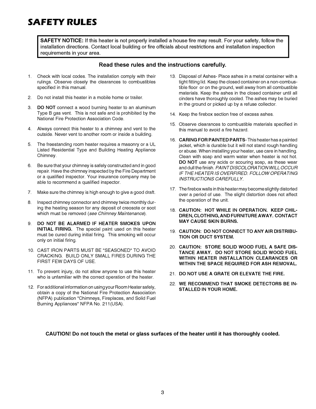 United States Stove 2007B owner manual Safety rules, Read these rules and the instructions carefully 