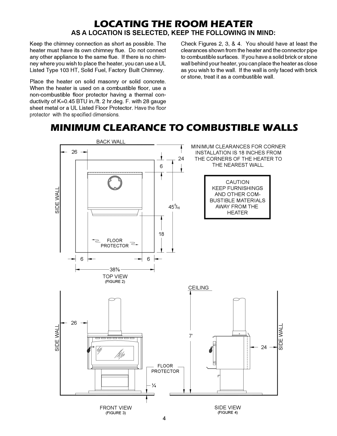 United States Stove 2007B owner manual Locating the Room Heater, Minimum Clearance to Combustible Walls 