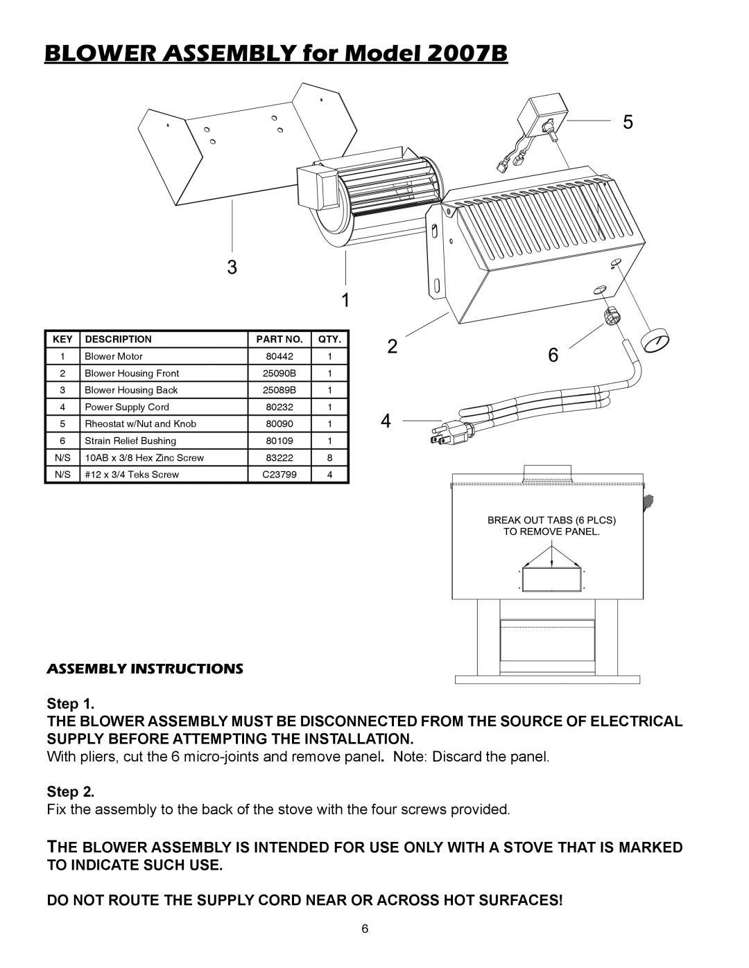 United States Stove owner manual Blower Assembly for Model 2007B 