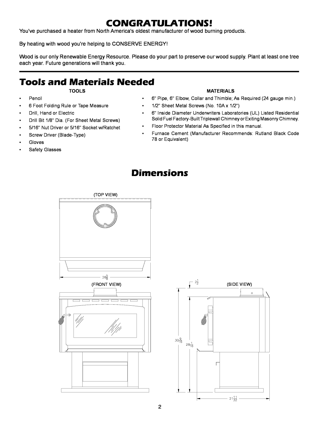 United States Stove 2007B owner manual Congratulations, Tools and Materials Needed, Dimensions 