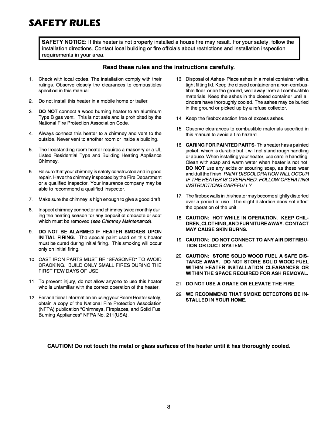 United States Stove 2007B owner manual safety rules, Read these rules and the instructions carefully 