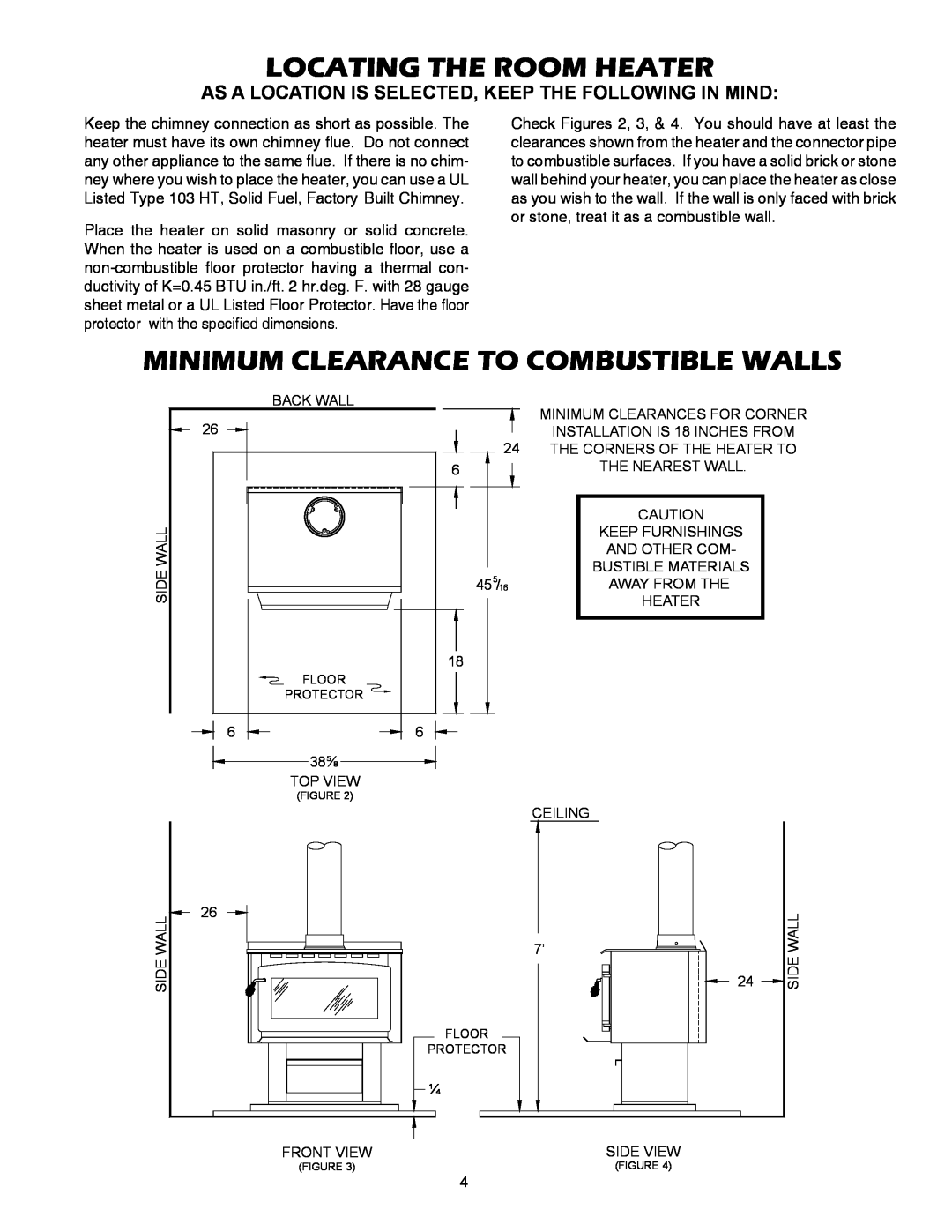 United States Stove 2007B owner manual Locating The Room Heater, Minimum Clearance To Combustible Walls 