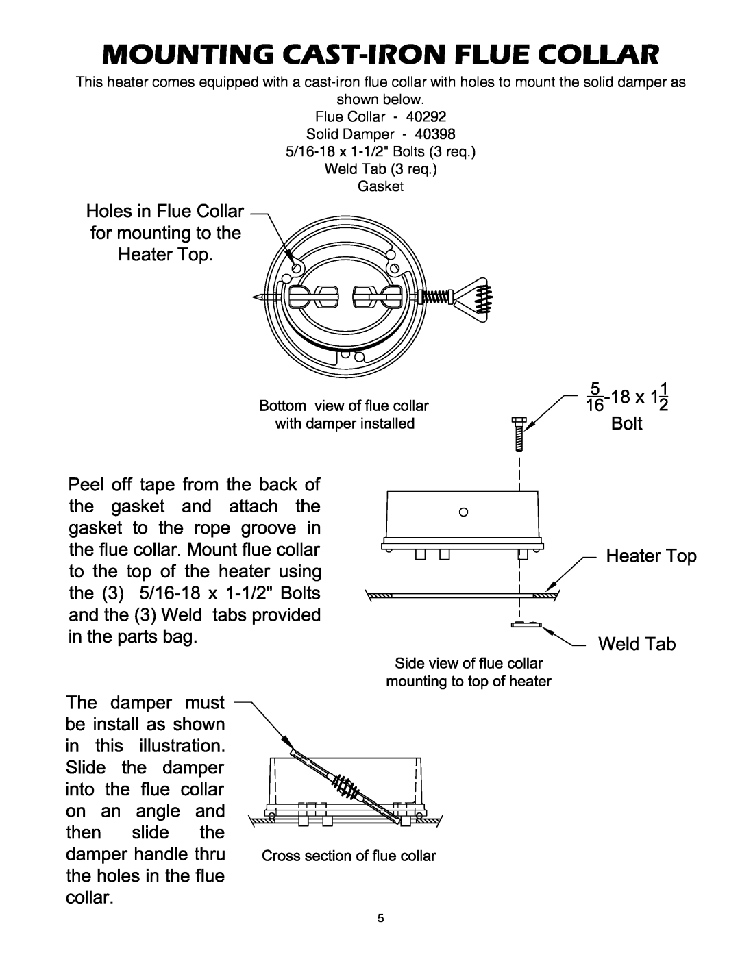 United States Stove 2007B owner manual Mounting Cast-Ironflue Collar, shown below Flue Collar - Solid Damper 