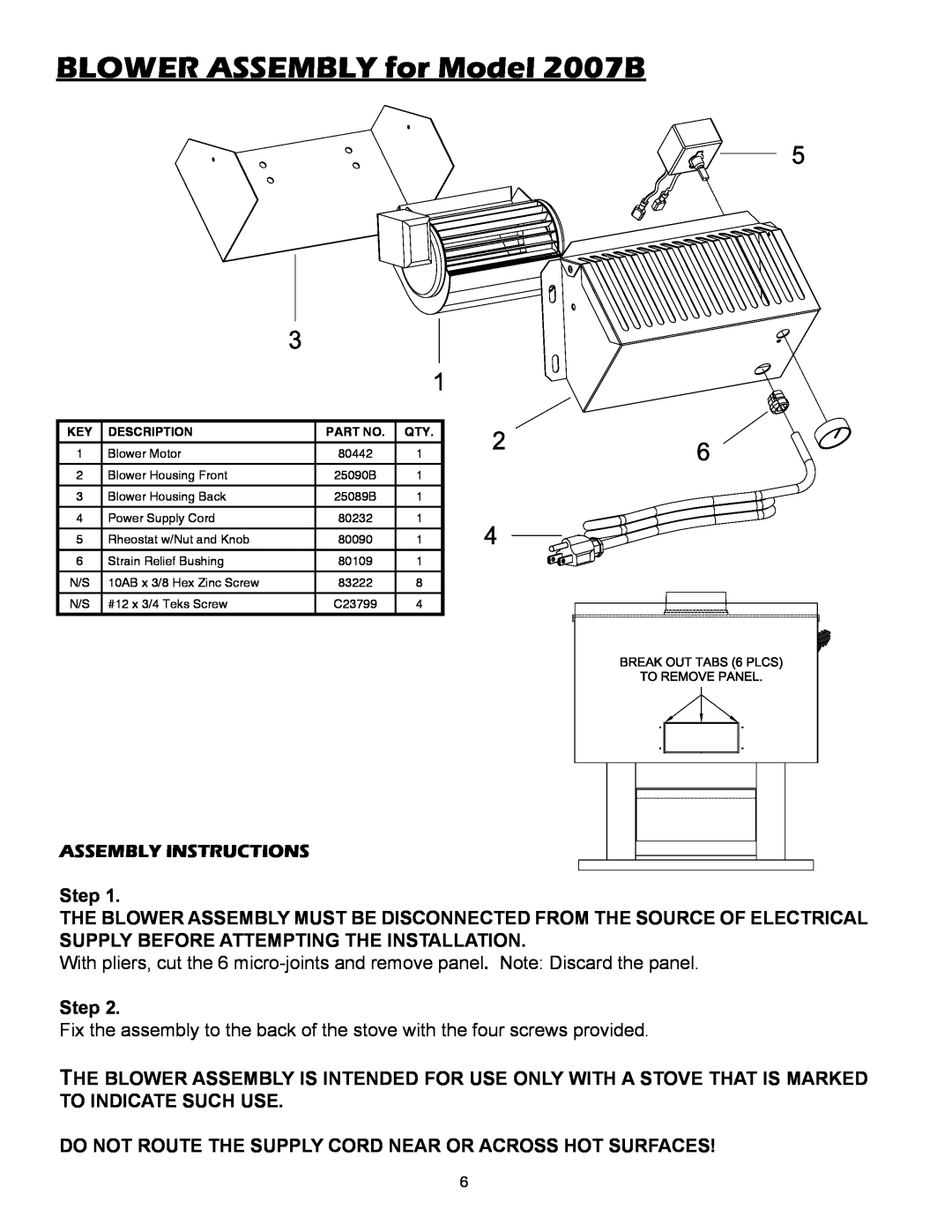 United States Stove owner manual BLOWER ASSEMBLY for Model 2007B, Assembly Instructions 