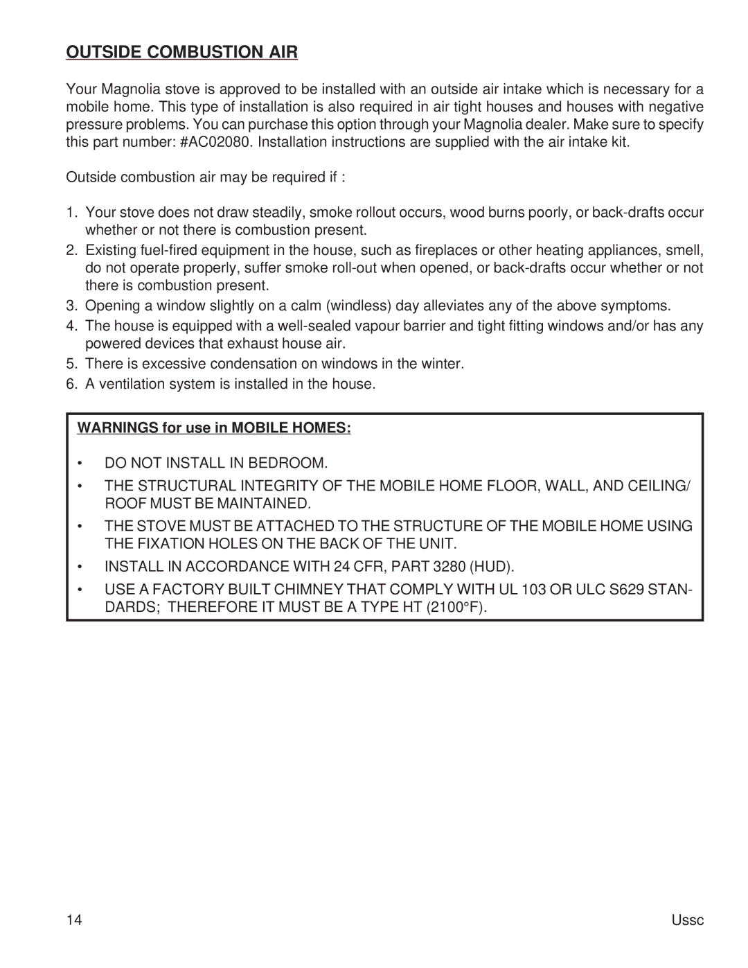 United States Stove 2015 instruction manual Outside Combustion AIR 