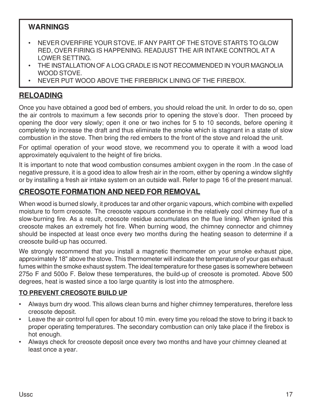 United States Stove 2015 instruction manual Reloading, Creosote Formation and Need for Removal 