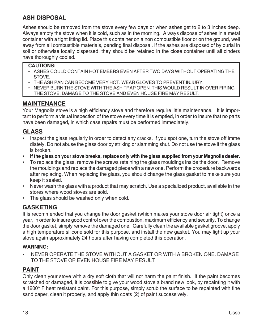 United States Stove 2015 instruction manual ASH Disposal, Maintenance, Glass, Gasketing, Paint 