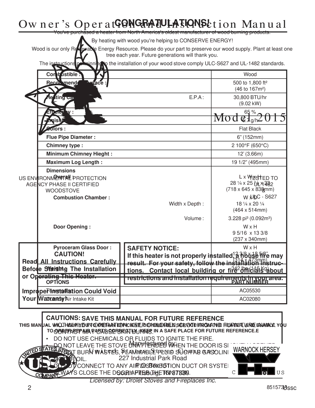 United States Stove 2015 instruction manual Congratulations 