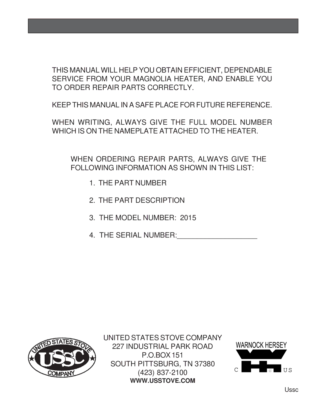 United States Stove 2015 instruction manual HOW to Order Repair Parts 