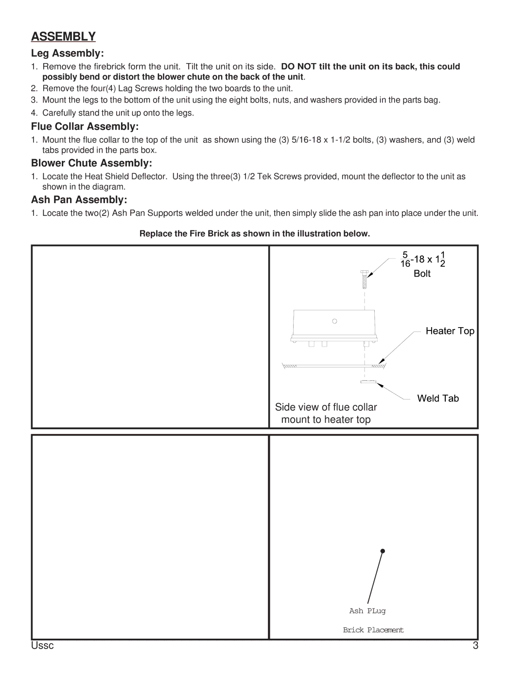 United States Stove 2015 instruction manual Leg Assembly 