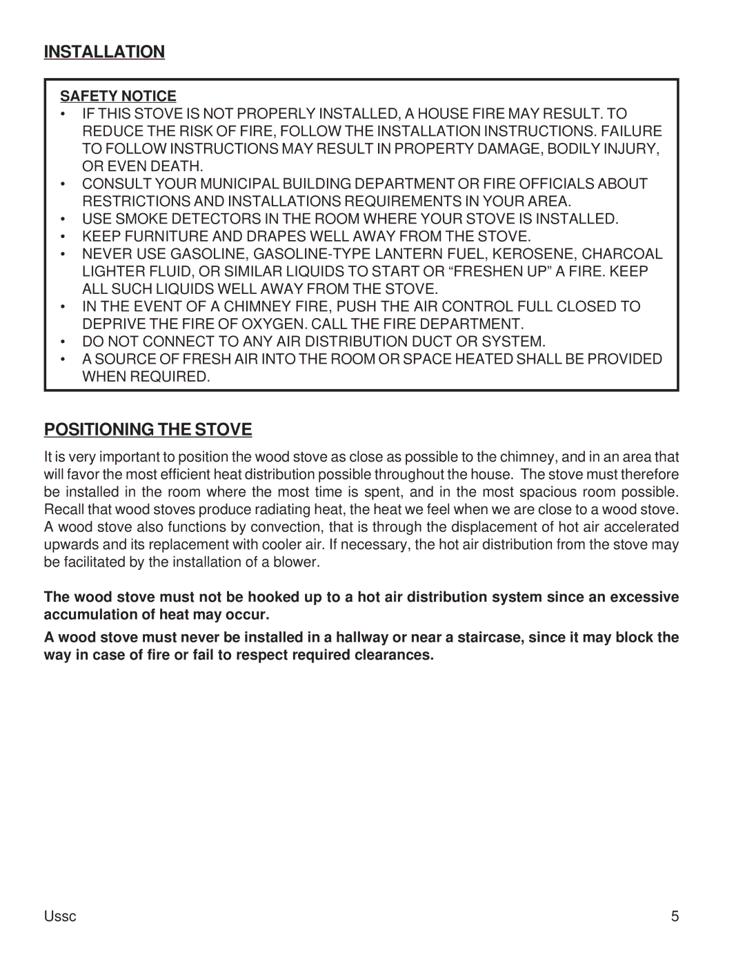 United States Stove 2015 instruction manual Installation, Positioning the Stove 