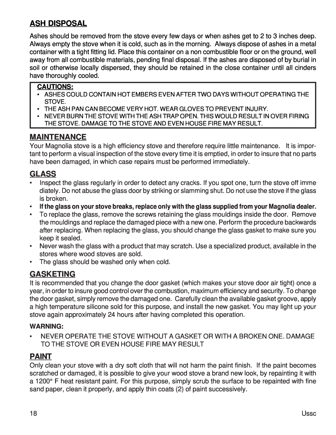 United States Stove 2015 instruction manual Ash Disposal, Maintenance, Glass, Gasketing, Paint 