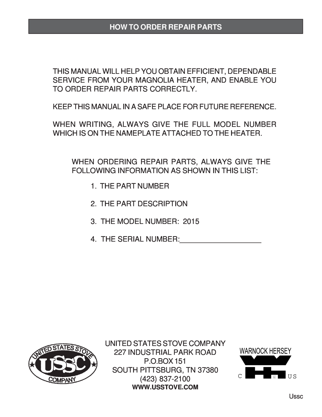United States Stove 2015 instruction manual How To Order Repair Parts 
