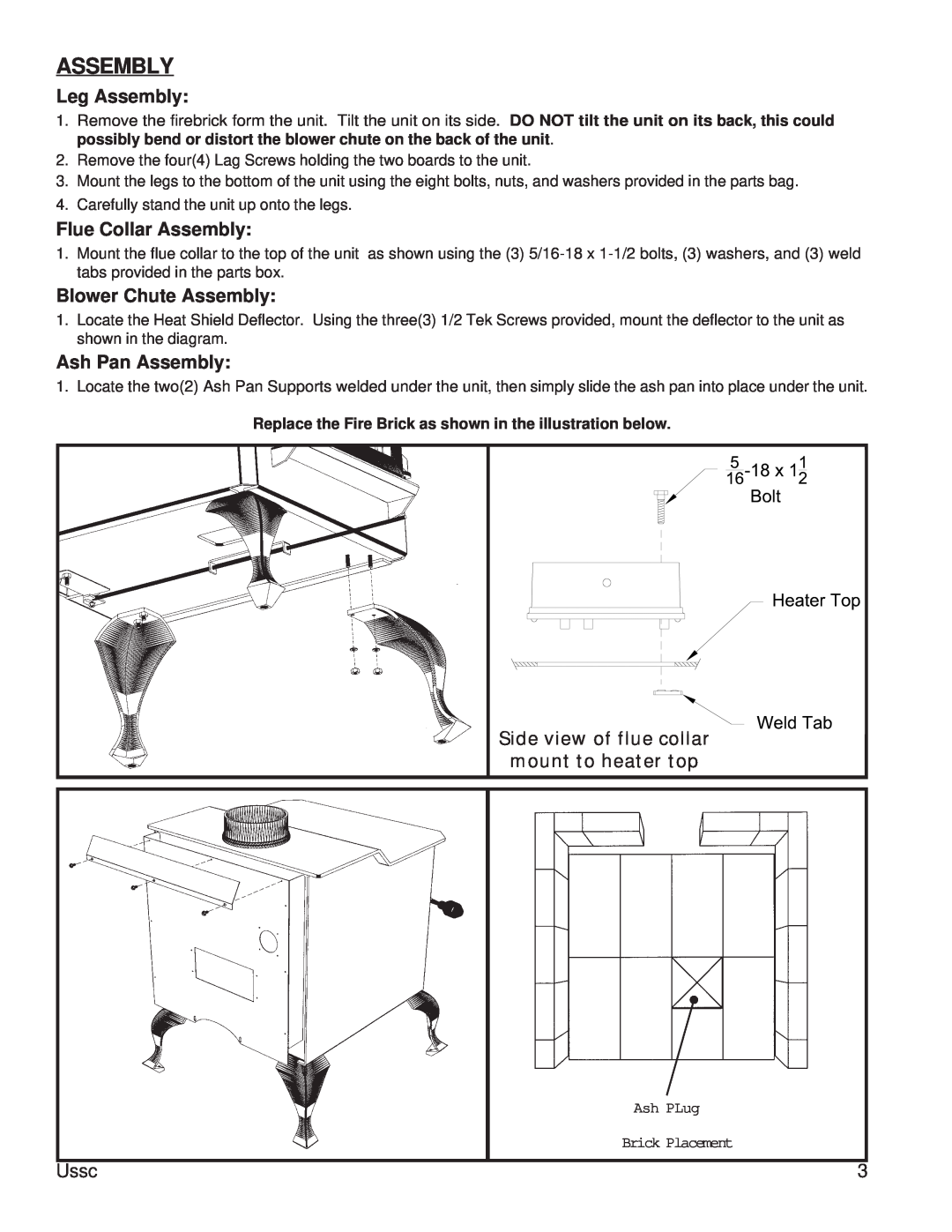 United States Stove 2015 instruction manual Leg Assembly, Flue Collar Assembly, Blower Chute Assembly, Ash Pan Assembly 