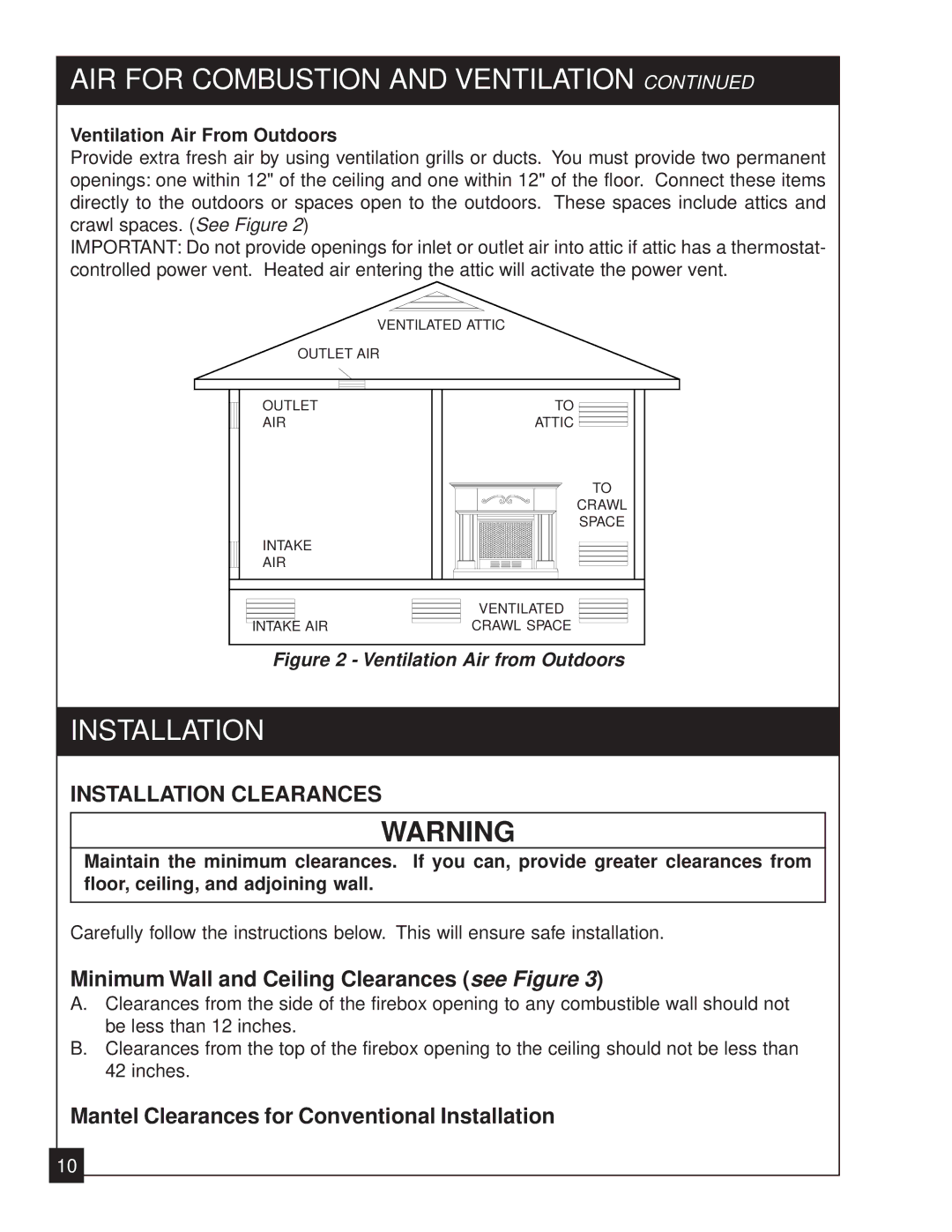 United States Stove 2020L installation manual Installation, Minimum Wall and Ceiling Clearances see Figure 