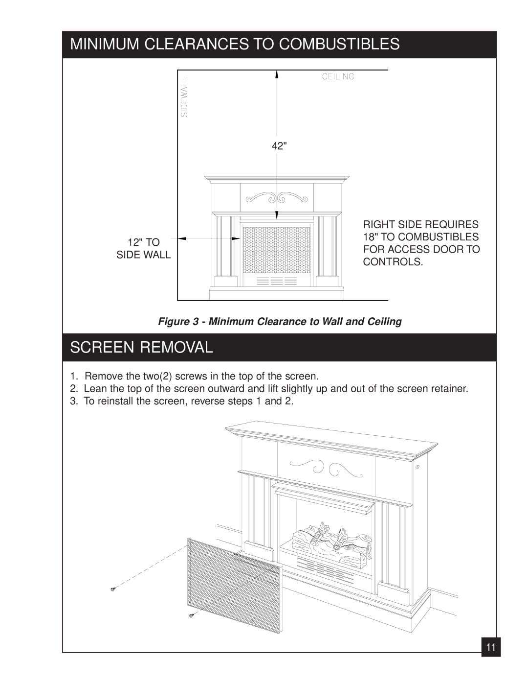 United States Stove 2020L installation manual Minimum Clearances to Combustibles, Screen Removal 