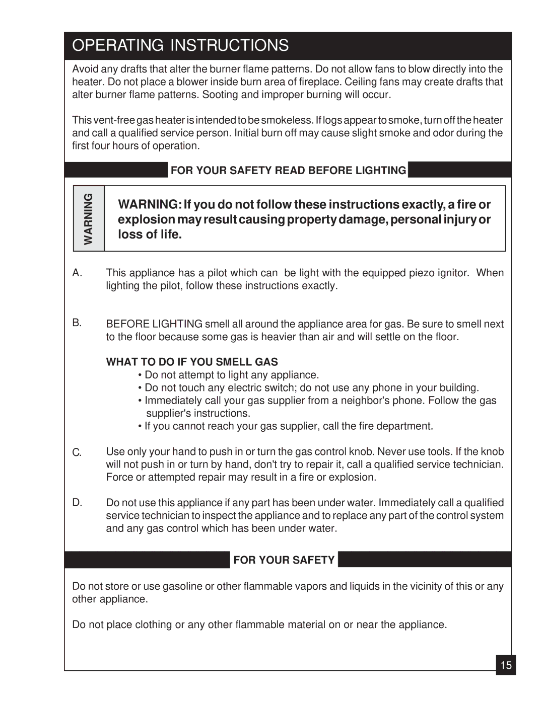 United States Stove 2020L Operating Instructions, For Your Safety Read Before Lighting, What to do if YOU Smell GAS 