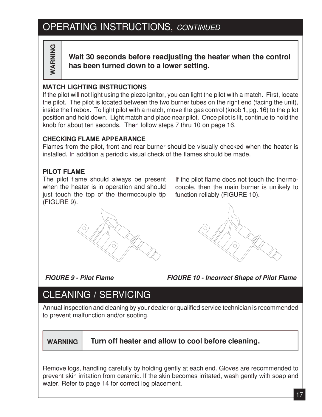 United States Stove 2020L Cleaning / Servicing, Turn off heater and allow to cool before cleaning, Pilot Flame 