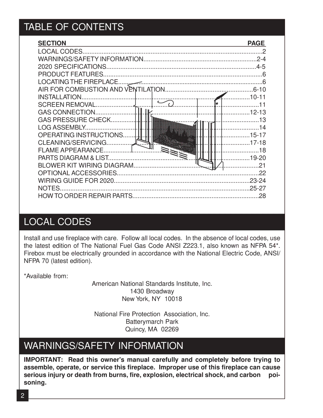 United States Stove 2020L installation manual Table of Contents, Local Codes 