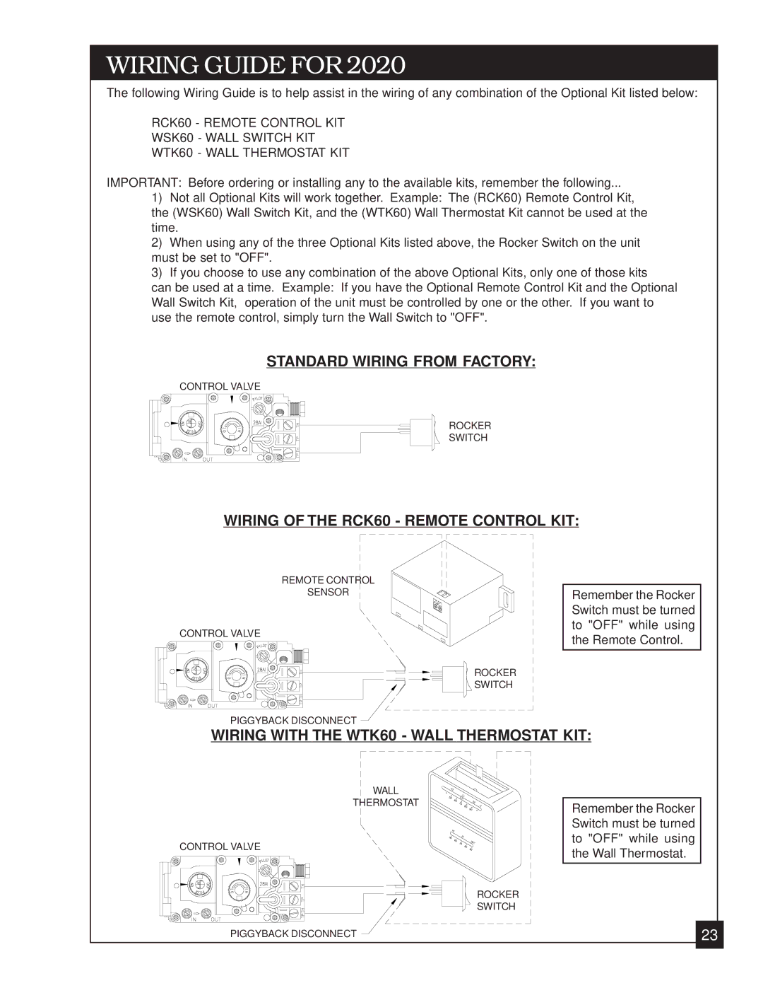 United States Stove 2020L installation manual Standard Wiring from Factory, Wiring of the RCK60 Remote Control KIT 