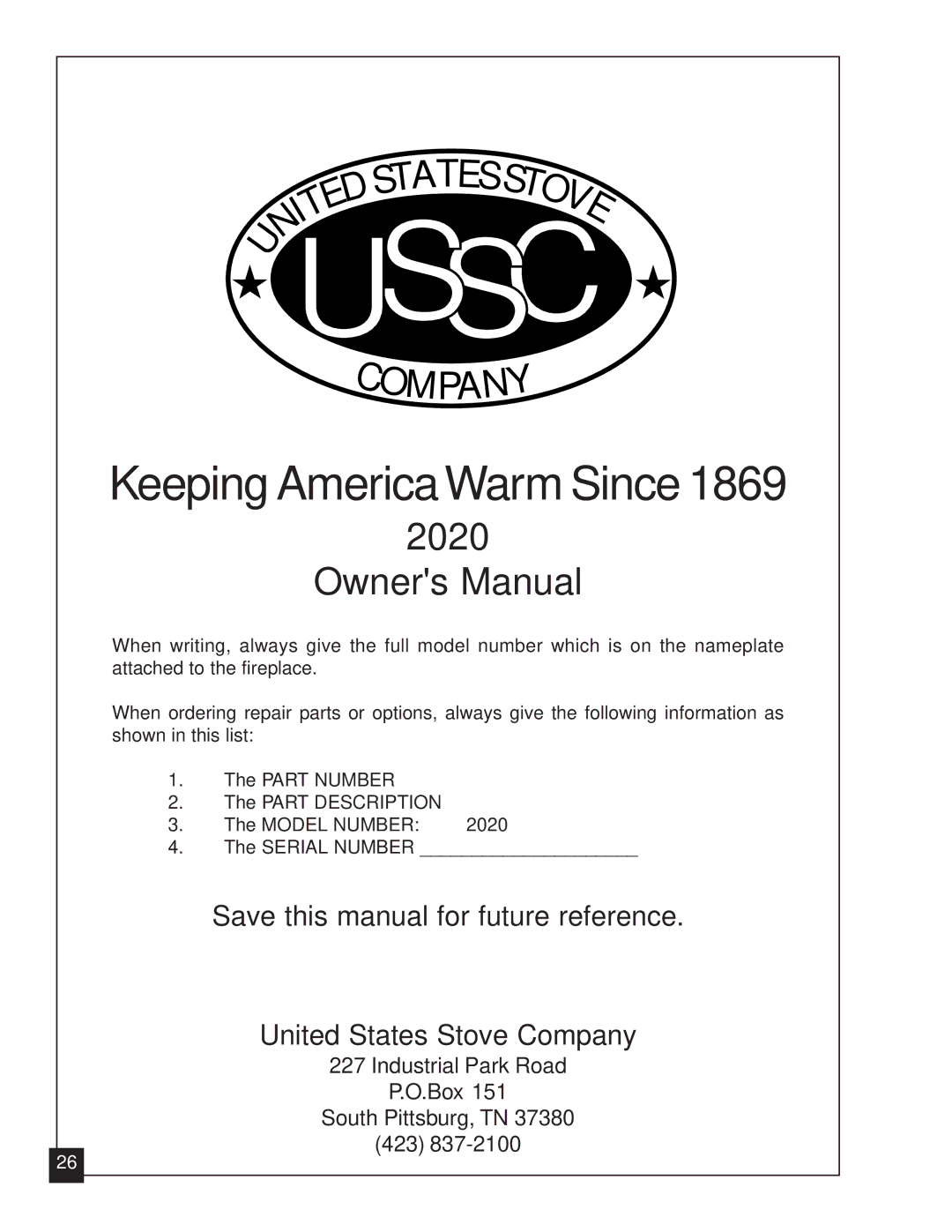 United States Stove 2020L installation manual Ussc 