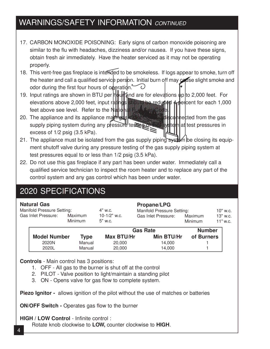 United States Stove 2020L installation manual Specifications, Min BTU/Hr Burners 